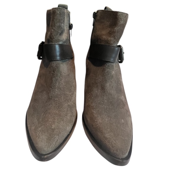 AllSaints Women’s Taupe Suede Ankle Boots Size 38.5 (US 8) Block Heel Buckle - Picture 1 of 10